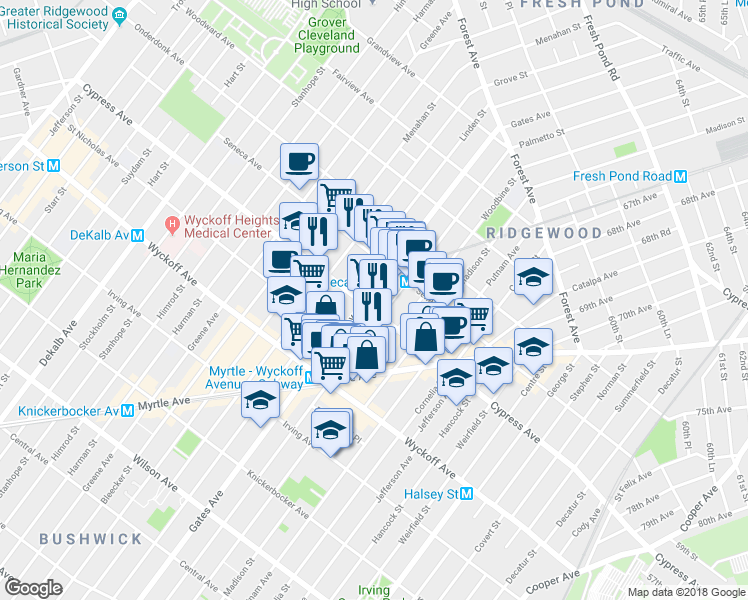 map of restaurants, bars, coffee shops, grocery stores, and more near 17-07 Gates Avenue in Queens