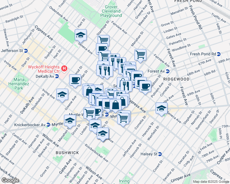 map of restaurants, bars, coffee shops, grocery stores, and more near 16-82 Grove Street in Queens