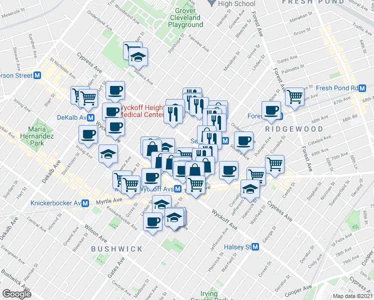 map of restaurants, bars, coffee shops, grocery stores, and more near 16-82 Grove Street in Queens
