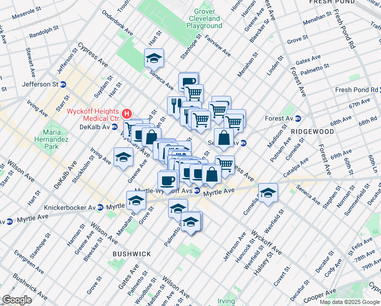 map of restaurants, bars, coffee shops, grocery stores, and more near in Queens