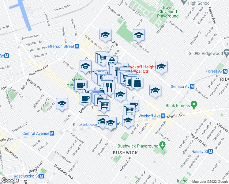map of restaurants, bars, coffee shops, grocery stores, and more near 300 Stanhope Street in Brooklyn
