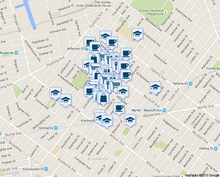 map of restaurants, bars, coffee shops, grocery stores, and more near 281 Stockholm Street in Brooklyn