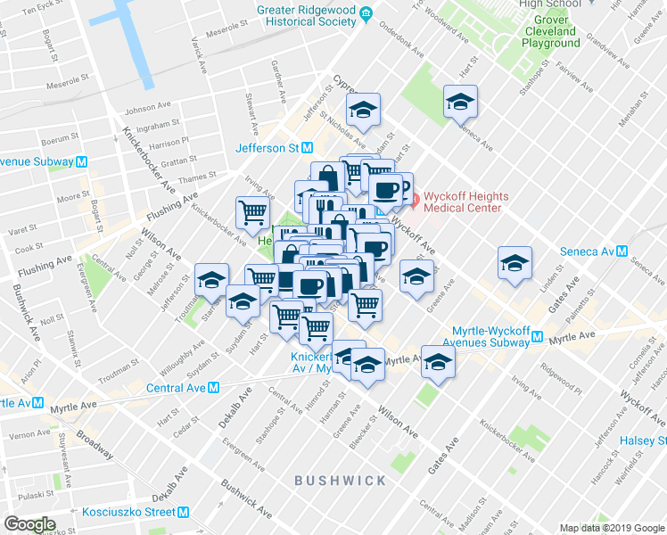 map of restaurants, bars, coffee shops, grocery stores, and more near 1535 Dekalb Avenue in Brooklyn
