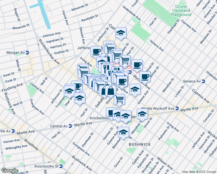 map of restaurants, bars, coffee shops, grocery stores, and more near 1535 Dekalb Avenue in Brooklyn