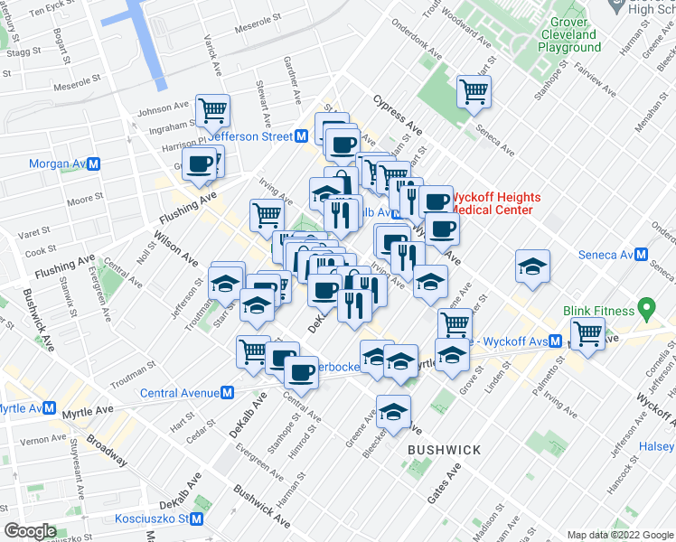 map of restaurants, bars, coffee shops, grocery stores, and more near 1535 Dekalb Avenue in Brooklyn