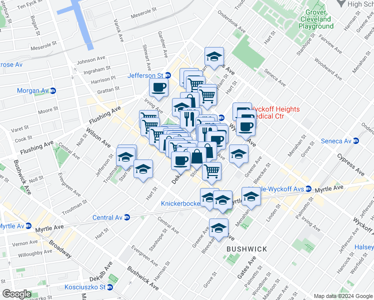 map of restaurants, bars, coffee shops, grocery stores, and more near 1535 Dekalb Avenue in Brooklyn
