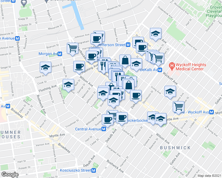 map of restaurants, bars, coffee shops, grocery stores, and more near 244 Knickerbocker Avenue in Brooklyn