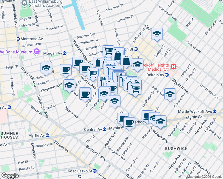 map of restaurants, bars, coffee shops, grocery stores, and more near 101 Starr Street in Brooklyn