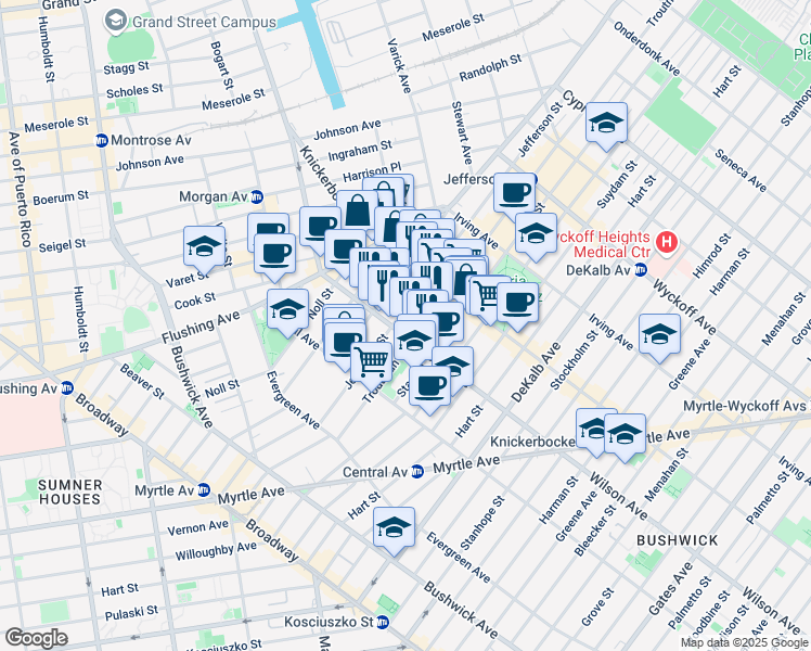 map of restaurants, bars, coffee shops, grocery stores, and more near in Brooklyn
