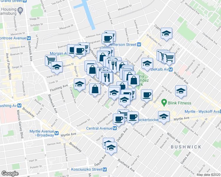 map of restaurants, bars, coffee shops, grocery stores, and more near in Brooklyn