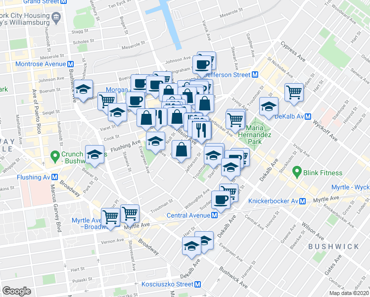 map of restaurants, bars, coffee shops, grocery stores, and more near 85 George Street in Brooklyn