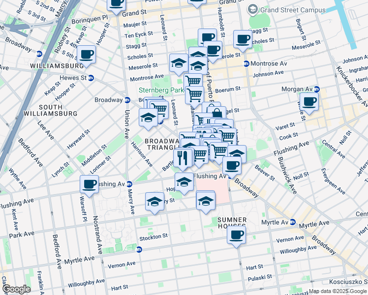 map of restaurants, bars, coffee shops, grocery stores, and more near 640 Broadway in Brooklyn