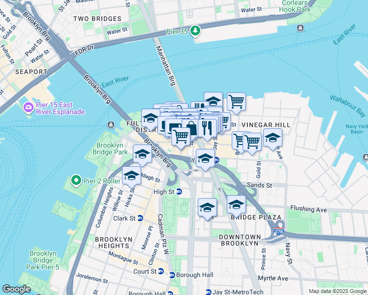 map of restaurants, bars, coffee shops, grocery stores, and more near 28 Adams Street in Brooklyn