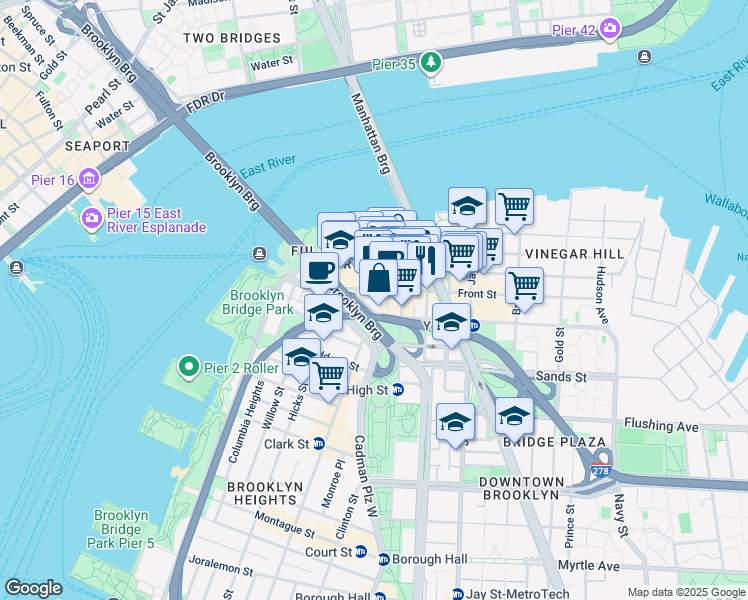 map of restaurants, bars, coffee shops, grocery stores, and more near 81 Front Street in Brooklyn