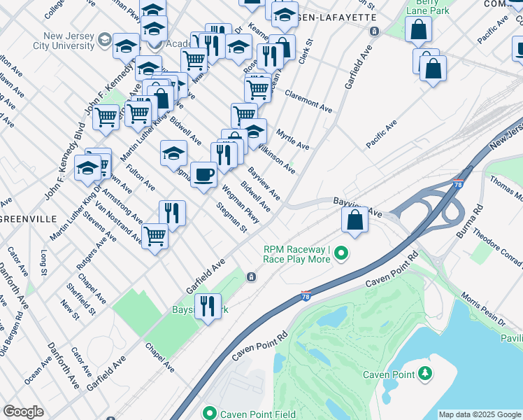 map of restaurants, bars, coffee shops, grocery stores, and more near 14 Bidwell Avenue in Jersey City
