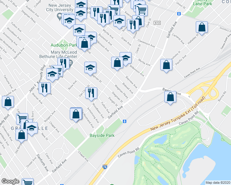 map of restaurants, bars, coffee shops, grocery stores, and more near 60 Stegman Street in Jersey City