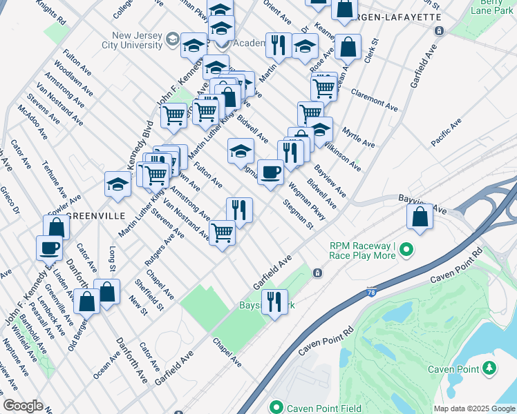map of restaurants, bars, coffee shops, grocery stores, and more near 78 Dwight Street in Jersey City