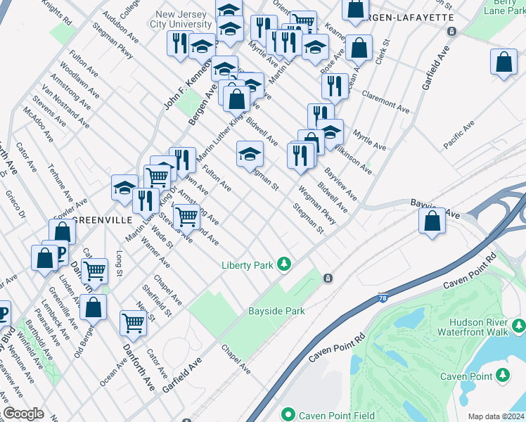 map of restaurants, bars, coffee shops, grocery stores, and more near 78 Dwight Street in Jersey City