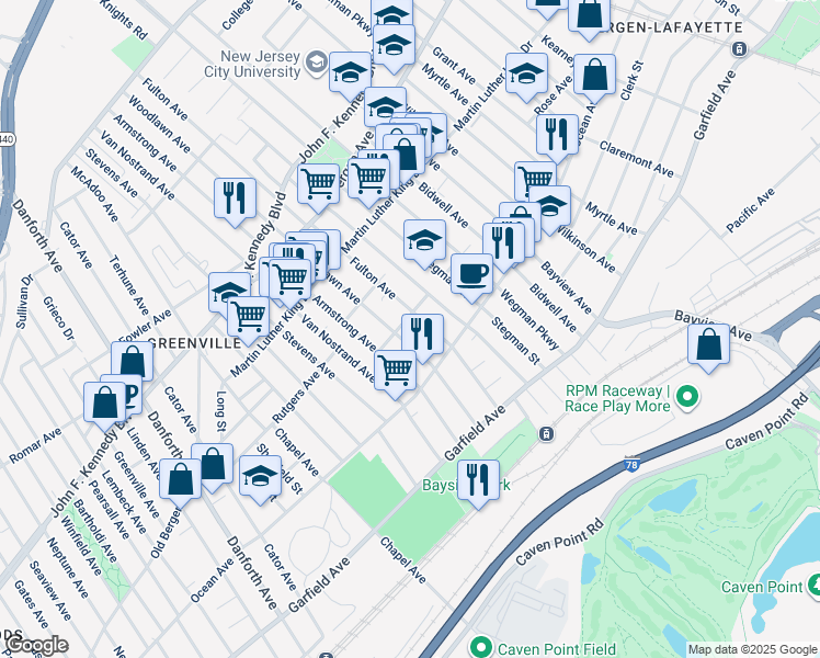map of restaurants, bars, coffee shops, grocery stores, and more near 100 Fulton Avenue in Jersey City