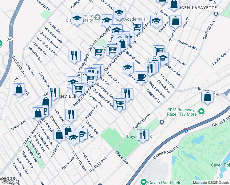 map of restaurants, bars, coffee shops, grocery stores, and more near 118-120 Woodlawn Avenue in Jersey City