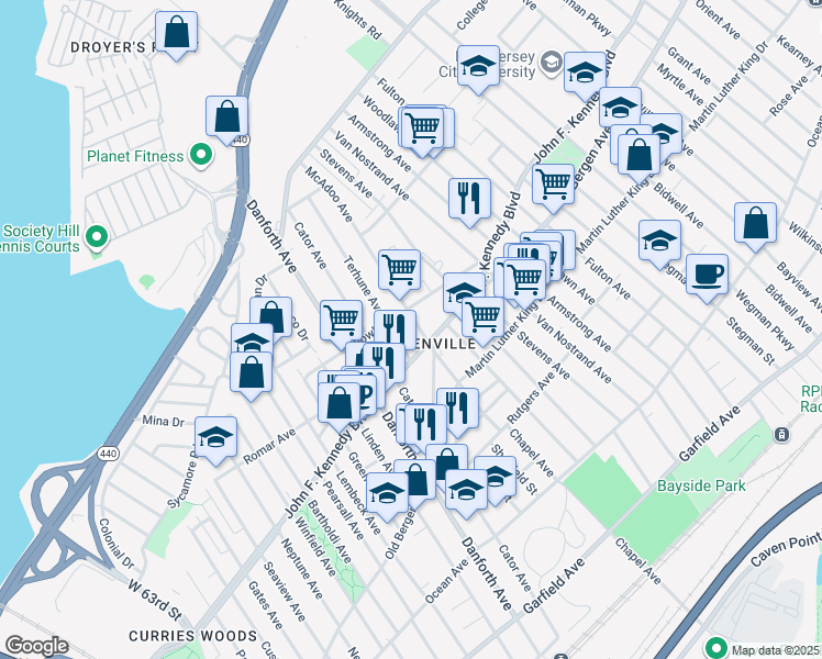 map of restaurants, bars, coffee shops, grocery stores, and more near 76 McAdoo Avenue in Jersey City