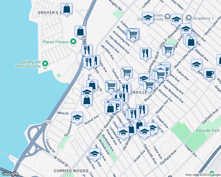 map of restaurants, bars, coffee shops, grocery stores, and more near 315 Cator Avenue in Jersey City