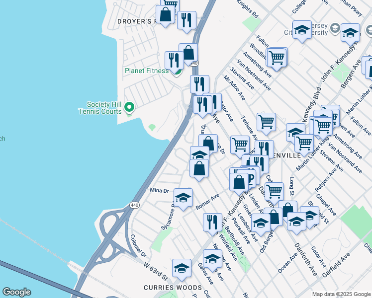 map of restaurants, bars, coffee shops, grocery stores, and more near 45 Suburbia Drive in Jersey City