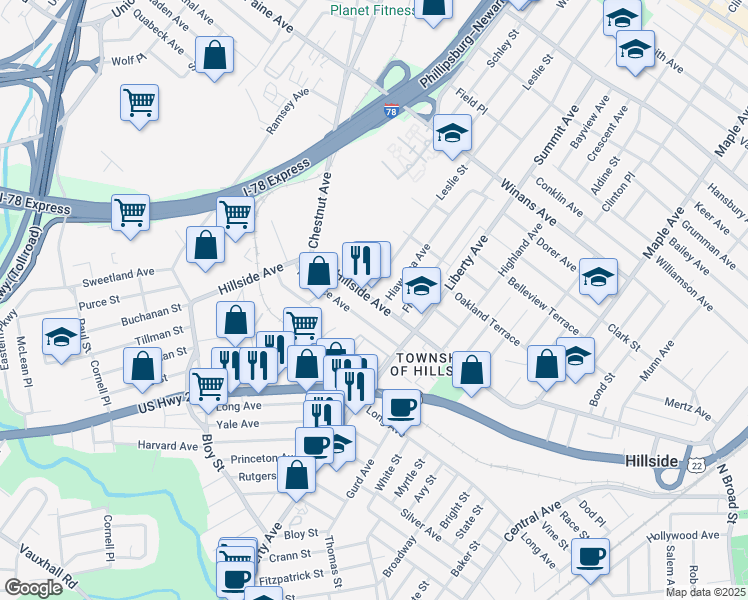 map of restaurants, bars, coffee shops, grocery stores, and more near 356a Hillside Avenue in Hillside