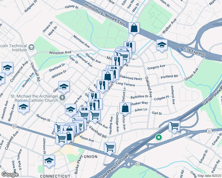map of restaurants, bars, coffee shops, grocery stores, and more near 1338 Stuyvesant Avenue in Union