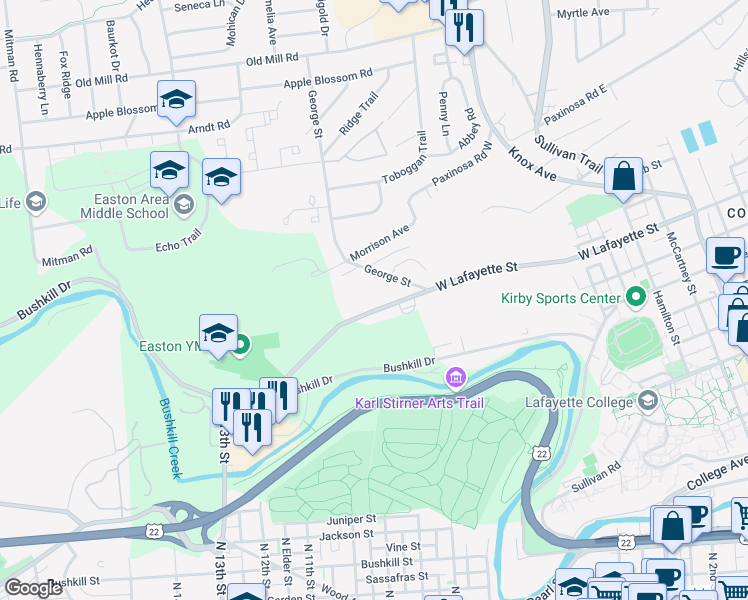 map of restaurants, bars, coffee shops, grocery stores, and more near 915 George Street in Easton