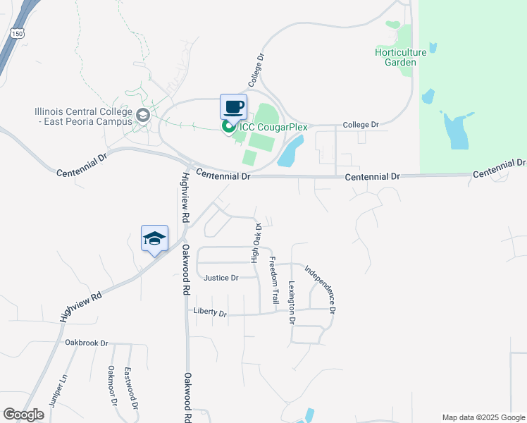 map of restaurants, bars, coffee shops, grocery stores, and more near 100 Cougar Lane in East Peoria
