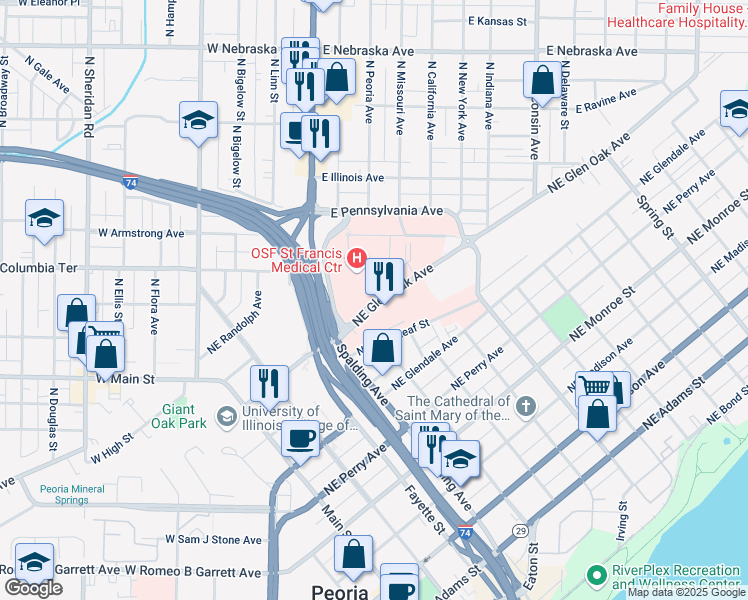 map of restaurants, bars, coffee shops, grocery stores, and more near 530 Northeast Glen Oak Avenue in Peoria