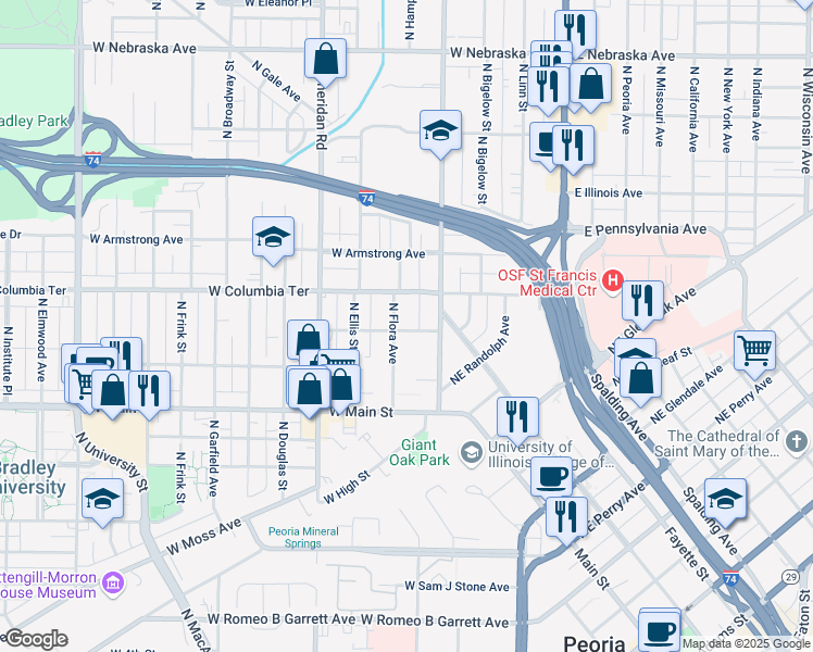 map of restaurants, bars, coffee shops, grocery stores, and more near 1209 North North Street in Peoria
