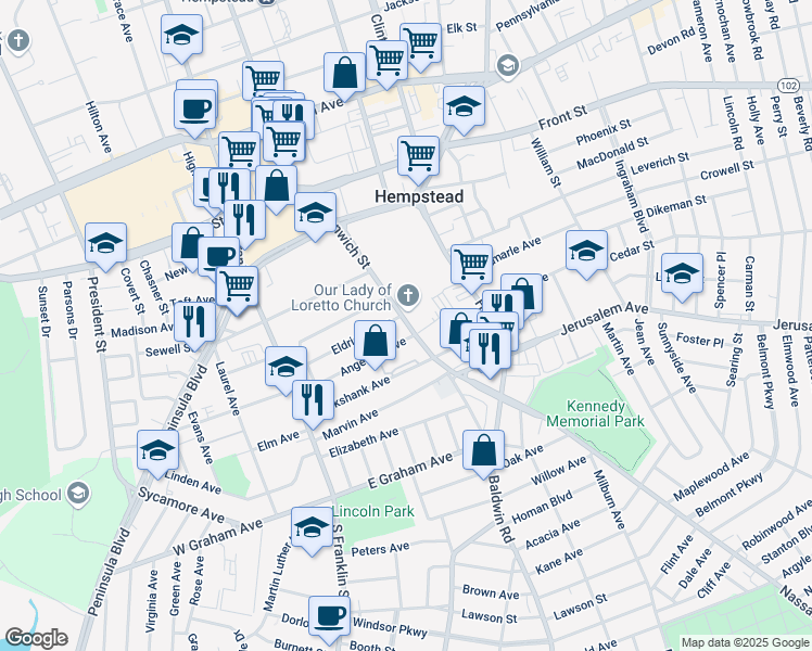 map of restaurants, bars, coffee shops, grocery stores, and more near 141 Greenwich Street in Hempstead