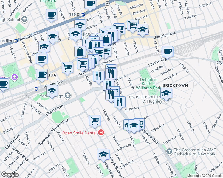 map of restaurants, bars, coffee shops, grocery stores, and more near in Queens