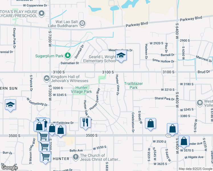 map of restaurants, bars, coffee shops, grocery stores, and more near 6835 Hunter Valley Drive in West Valley City