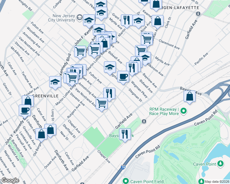 map of restaurants, bars, coffee shops, grocery stores, and more near 86 Fulton Avenue in Jersey City