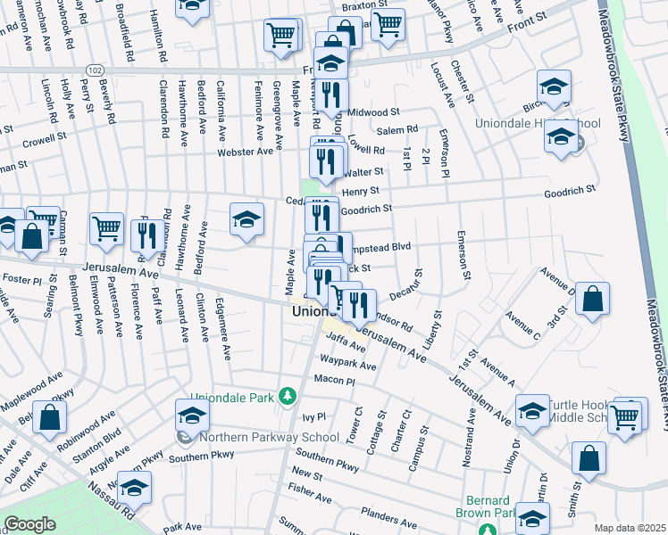 map of restaurants, bars, coffee shops, grocery stores, and more near 510 Uniondale Avenue in Uniondale