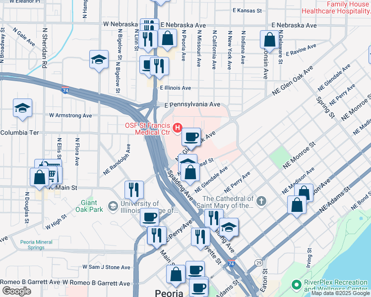 map of restaurants, bars, coffee shops, grocery stores, and more near 530 Northeast Glen Oak Avenue in Peoria