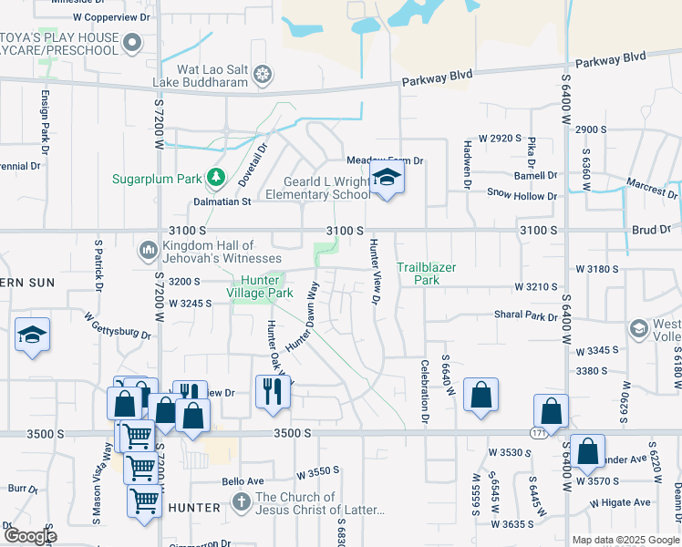 map of restaurants, bars, coffee shops, grocery stores, and more near 6835 Hunter Valley Drive in West Valley City