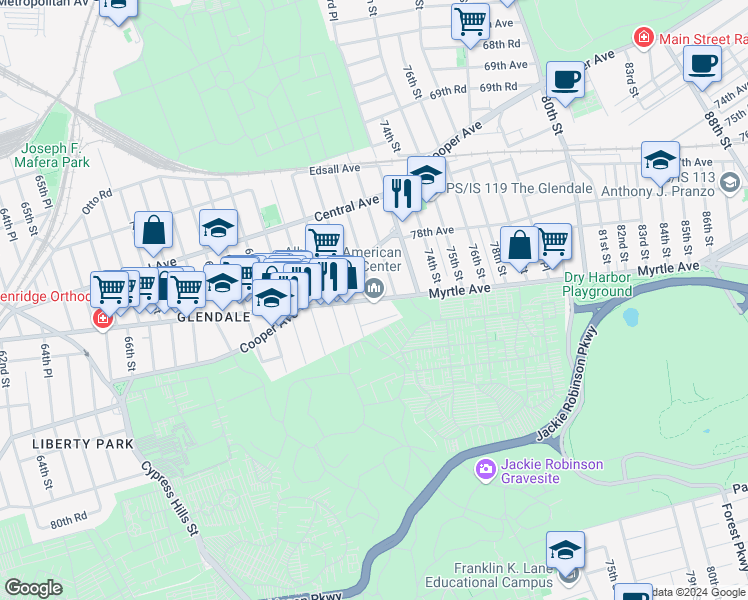 map of restaurants, bars, coffee shops, grocery stores, and more near Myrtle Ave & 72nd Pl in Queens