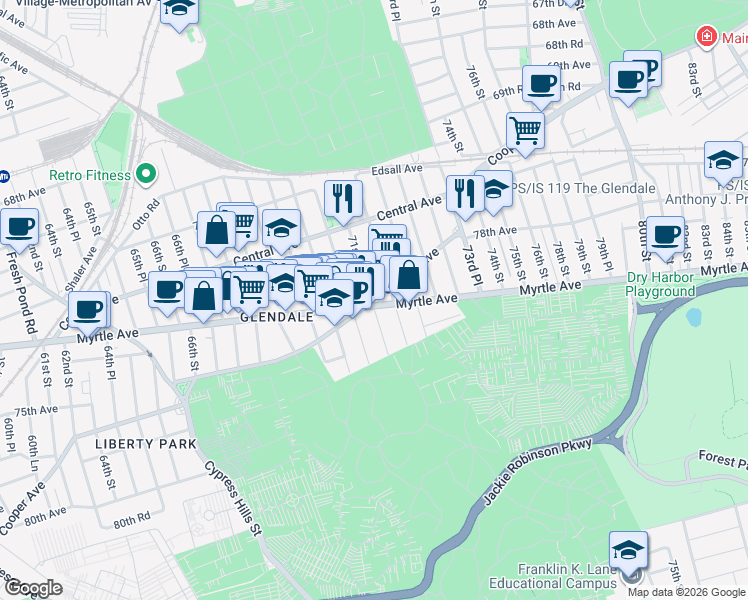 map of restaurants, bars, coffee shops, grocery stores, and more near 71-66 71st Place in Queens