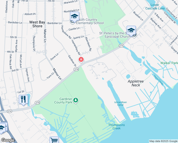 map of restaurants, bars, coffee shops, grocery stores, and more near 121 Corral Lane in Bay Shore