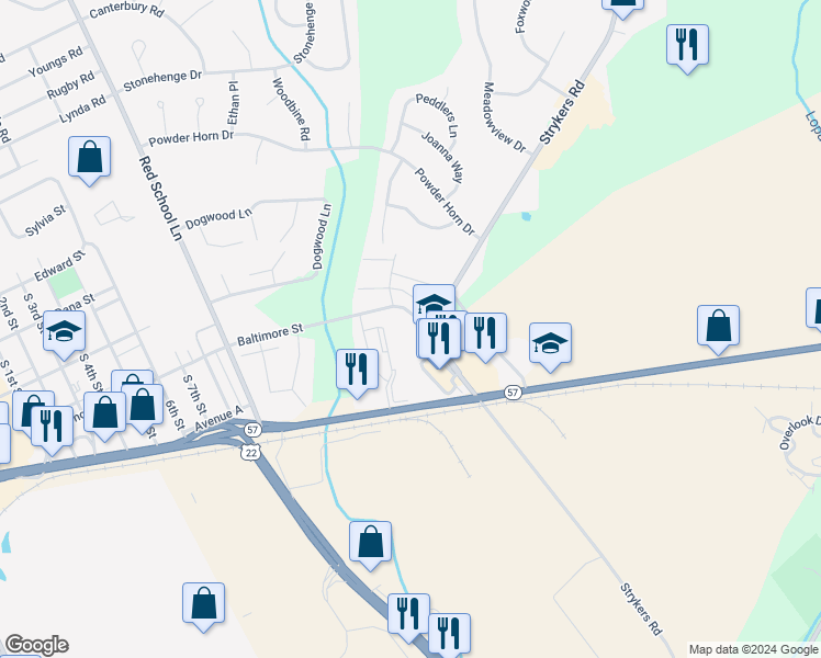 map of restaurants, bars, coffee shops, grocery stores, and more near 207 Strykers Road in Phillipsburg