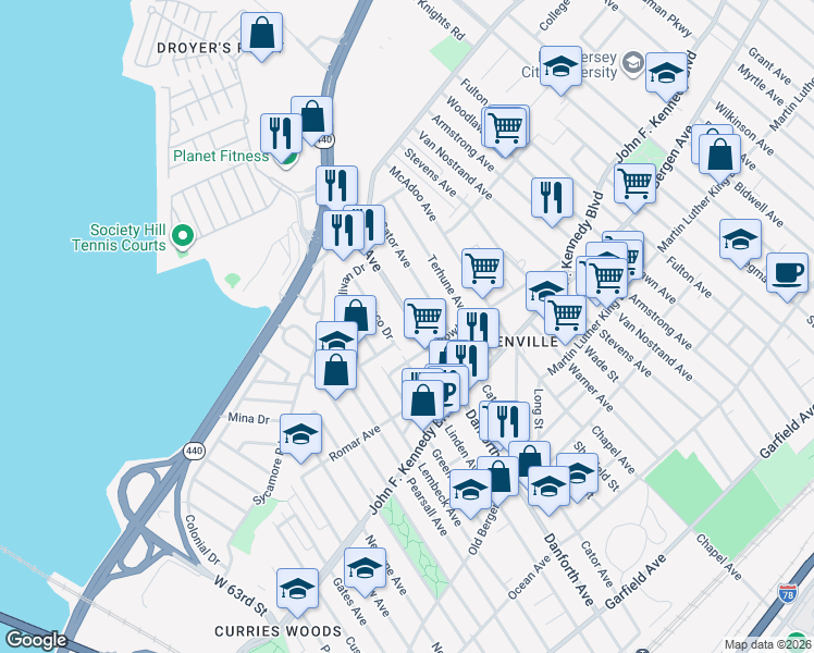 map of restaurants, bars, coffee shops, grocery stores, and more near 339 Danforth Avenue in Jersey City
