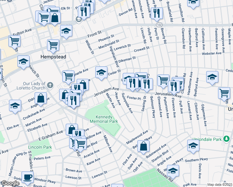 map of restaurants, bars, coffee shops, grocery stores, and more near 222 Jerusalem Avenue in Hempstead
