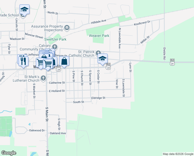 map of restaurants, bars, coffee shops, grocery stores, and more near 110 South Cedar Street in Washington