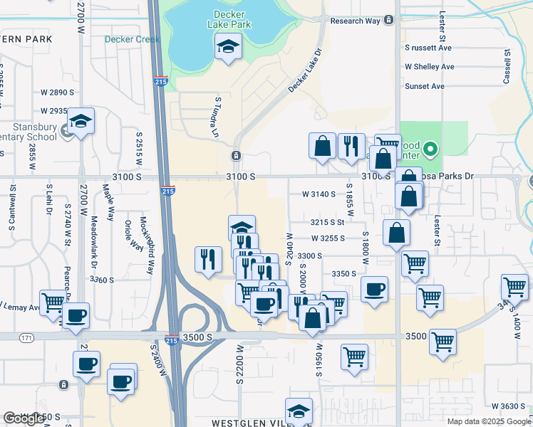 map of restaurants, bars, coffee shops, grocery stores, and more near 3217 Decker Lake Drive in West Valley City