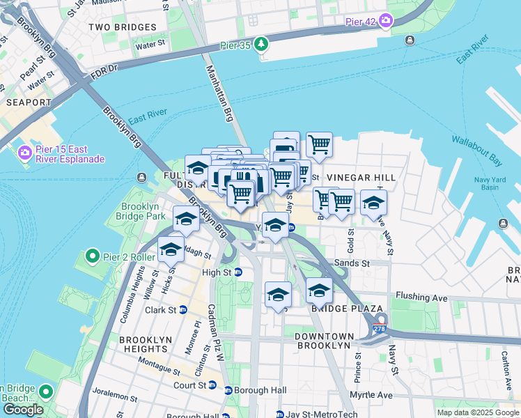map of restaurants, bars, coffee shops, grocery stores, and more near 68 Jay Street in Brooklyn