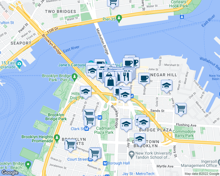 map of restaurants, bars, coffee shops, grocery stores, and more near 68 Jay Street in Brooklyn